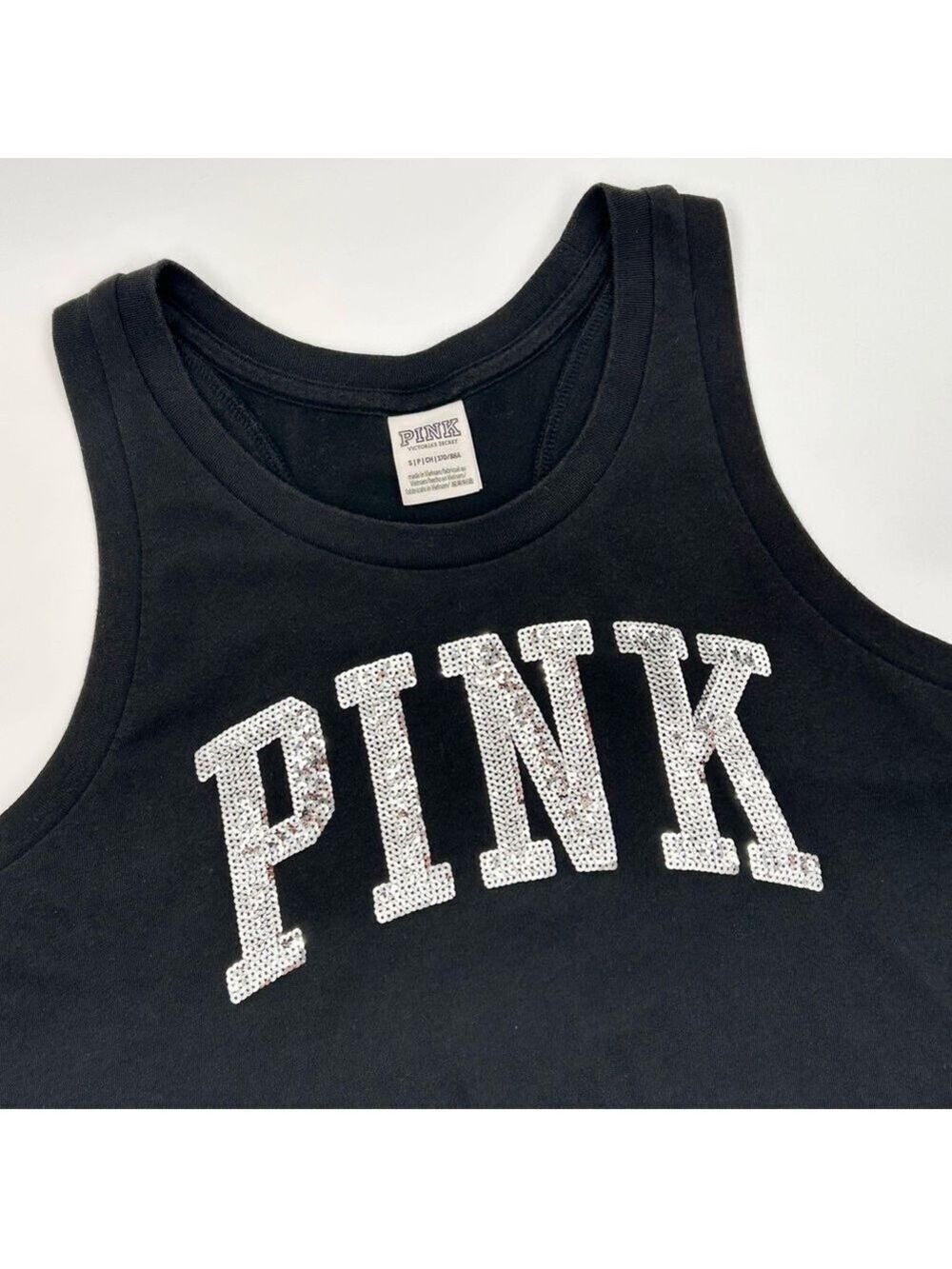 Victoria's Secret PINK Black Sequin Logo Racerback Tank Top Small - Picture 3 of 11